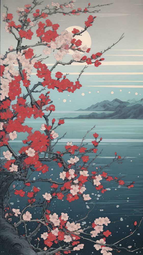 Traditional japanese wood block print illustration of blossom flowers by lake midnight outdoors painting nature.