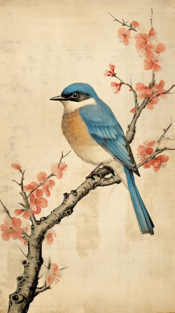 Blue bird on a cherryblossom branch painting animal art.