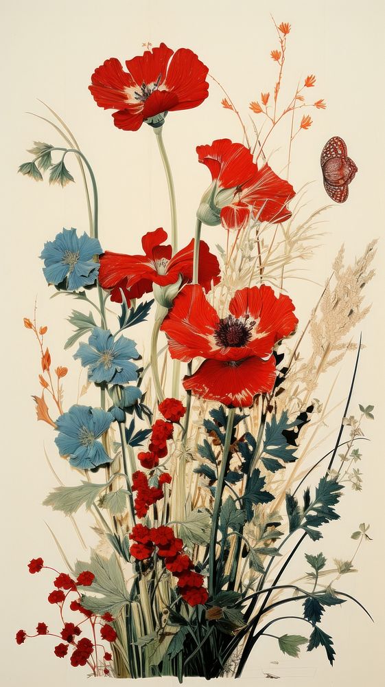 Traditional japanese wood block print illustration of dried flowers painting poppy plant.
