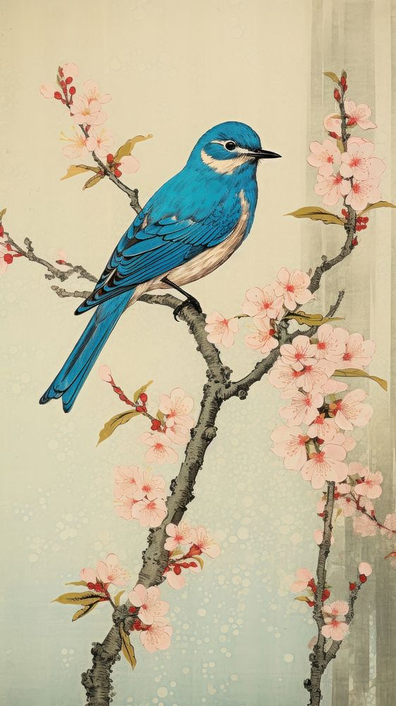 Blue bird on a cherryblossom branch animal wildlife perching.