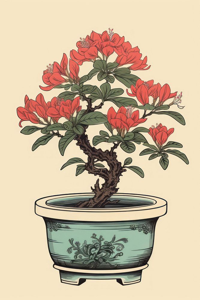 An isolated azalea bonzai pot bonsai flower sketch.