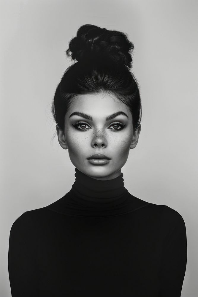 Cool fashion art studio portrait of beautiful elegant woman in black turtleneck adult photography monochrome.