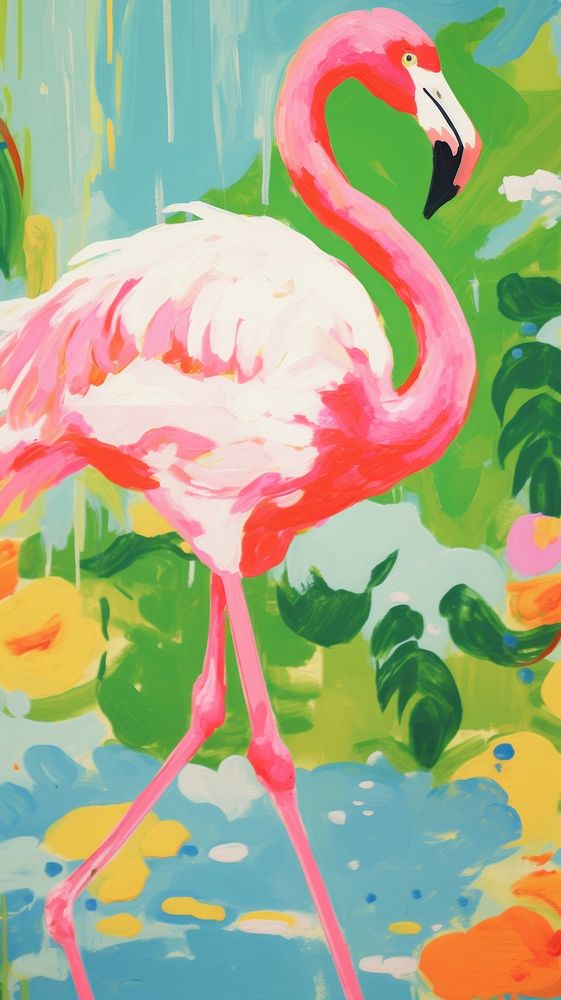 Pink flamingo painting cartoon animal.