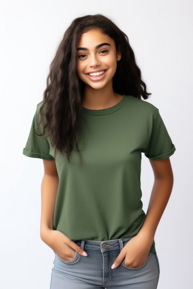 Young cute brazilian woman t-shirt smiling sleeve.
