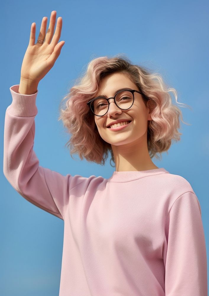 Person waving portrait glasses person.