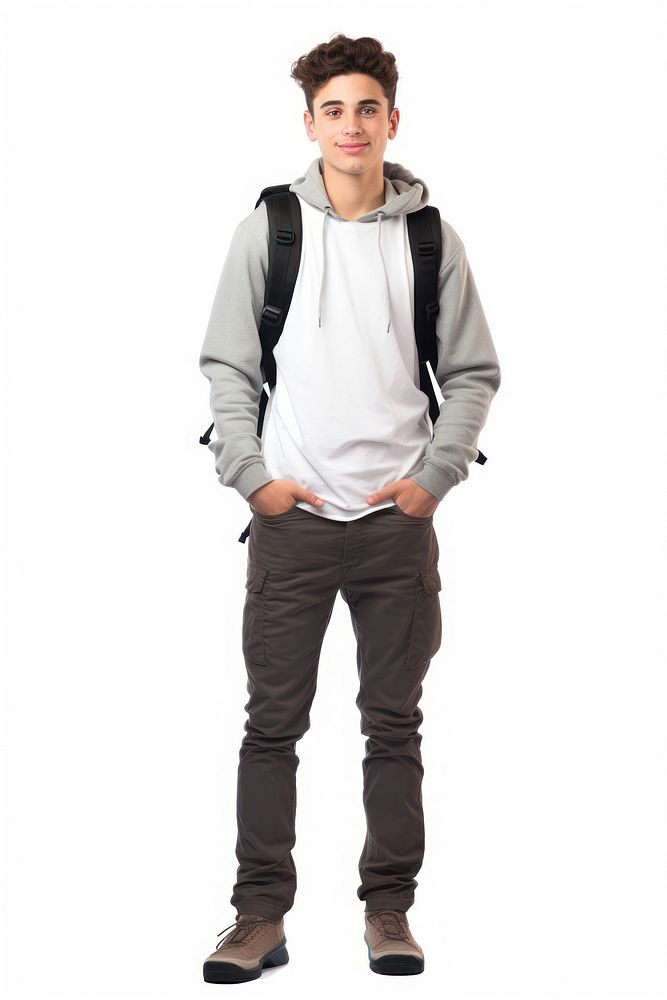A student standing sweatshirt backpack.