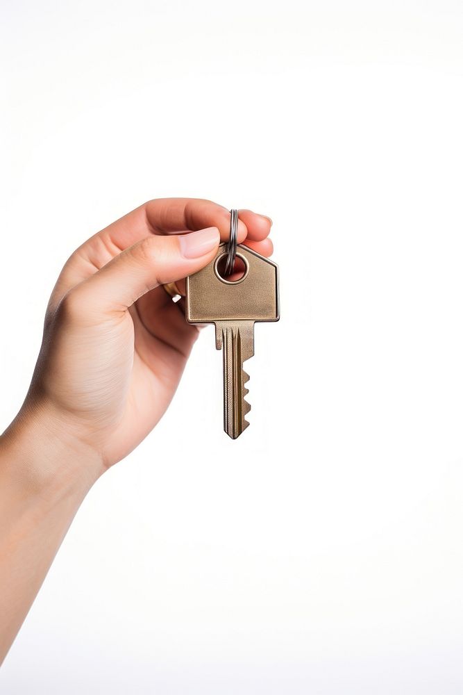 A person holding key lock white background architecture.