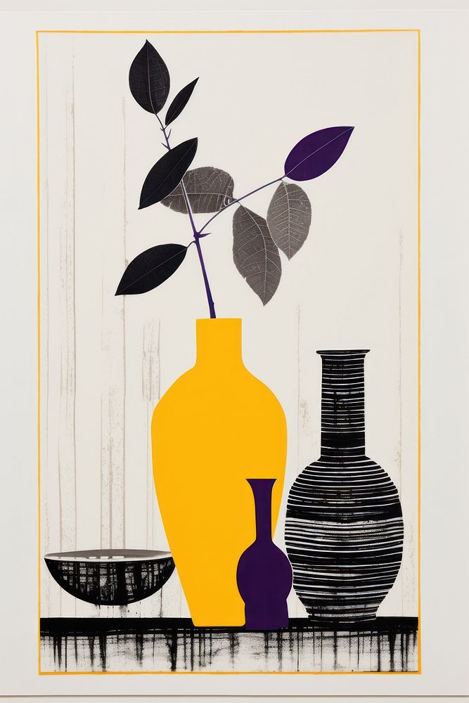 Silkscreen on paper of a Furniture vase painting yellow.