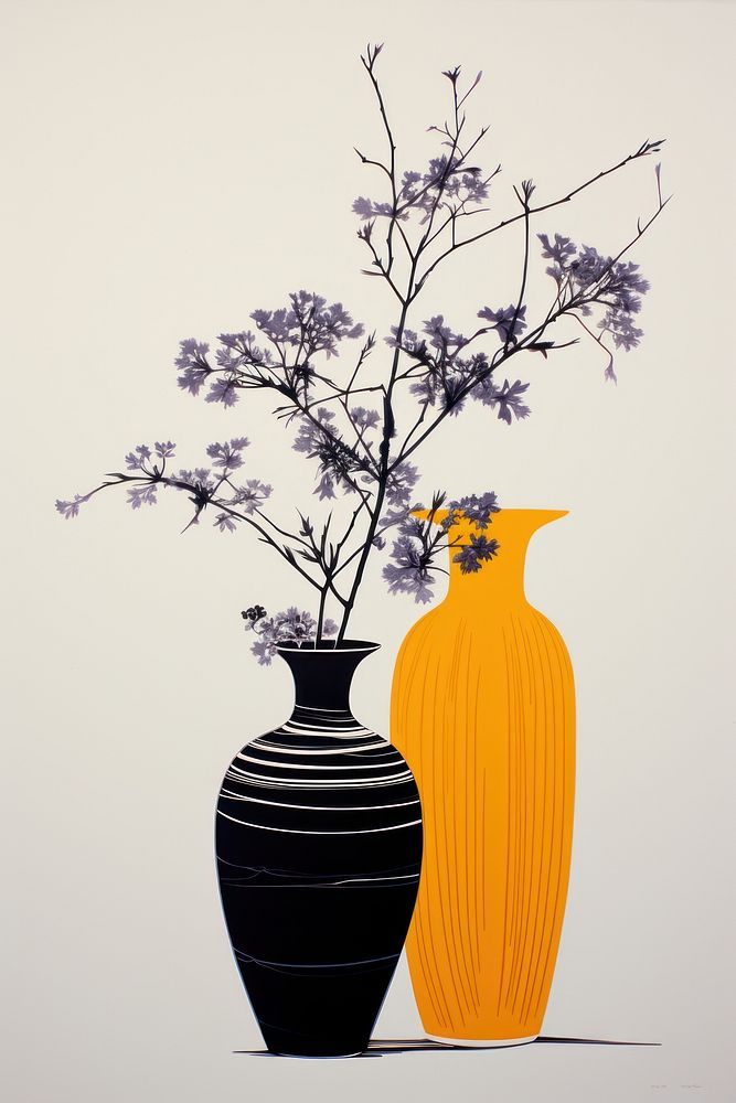 Silkscreen on paper of a Furniture vase flower yellow.