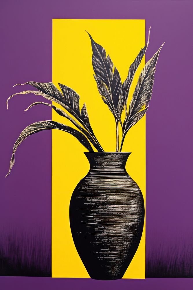 Silkscreen on paper of a Furniture vase yellow purple.