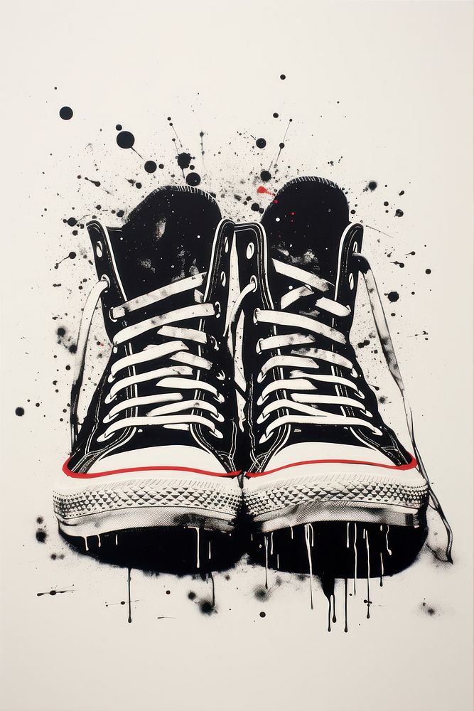 Silkscreen on paper of a shoes footwear black white.