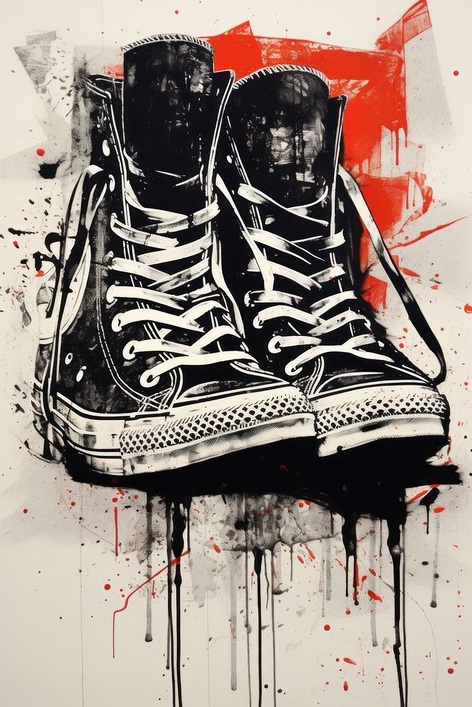 Silkscreen on paper of a shoes footwear black white.