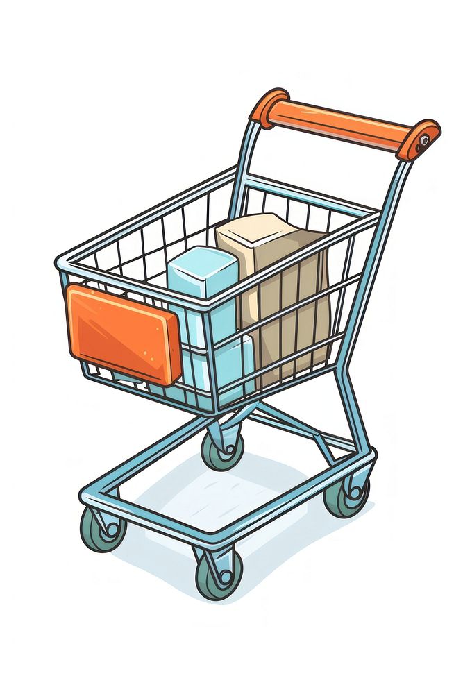Shopping cart and product cartoon line white background.