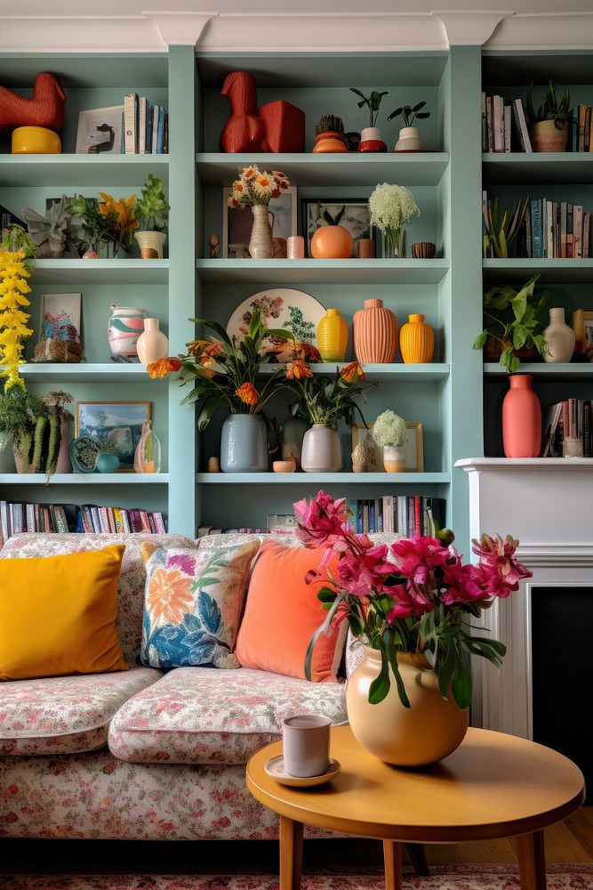Living room decorative plant furniture bookshelf.