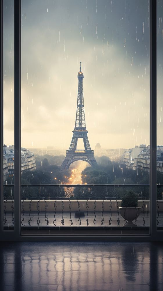 A rain scene with eiffel tower architecture cityscape building.