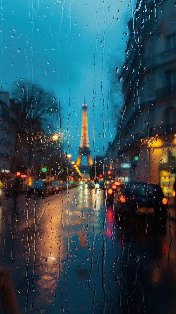 A rain scene with eiffel tower architecture outdoors building.