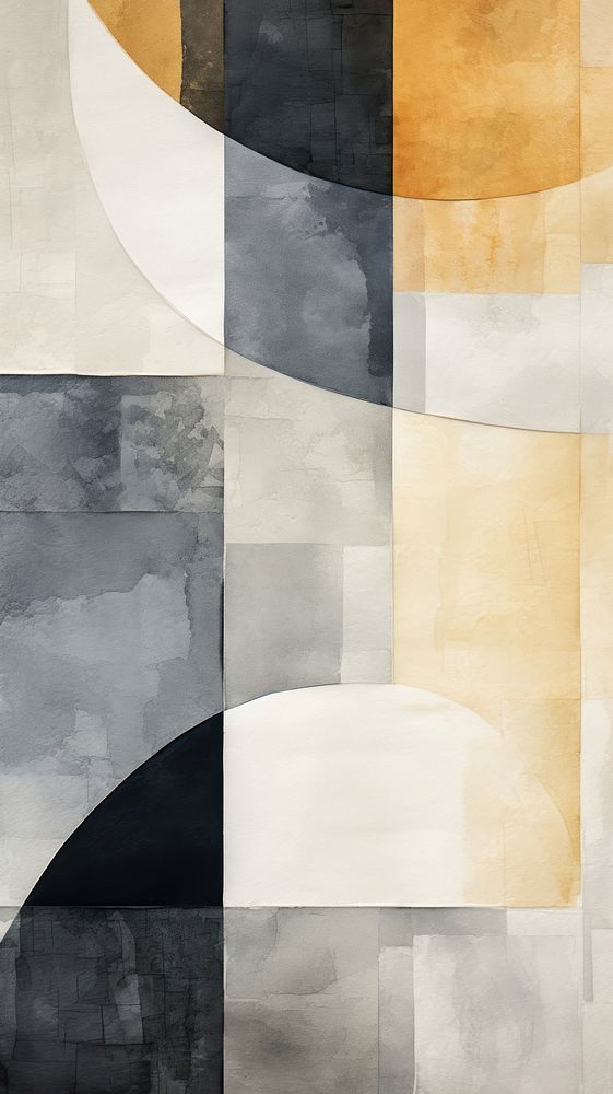 Grey abstract shape painting collage wall.