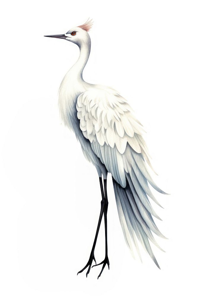 Cute watercolor illustration of a crane animal white bird.