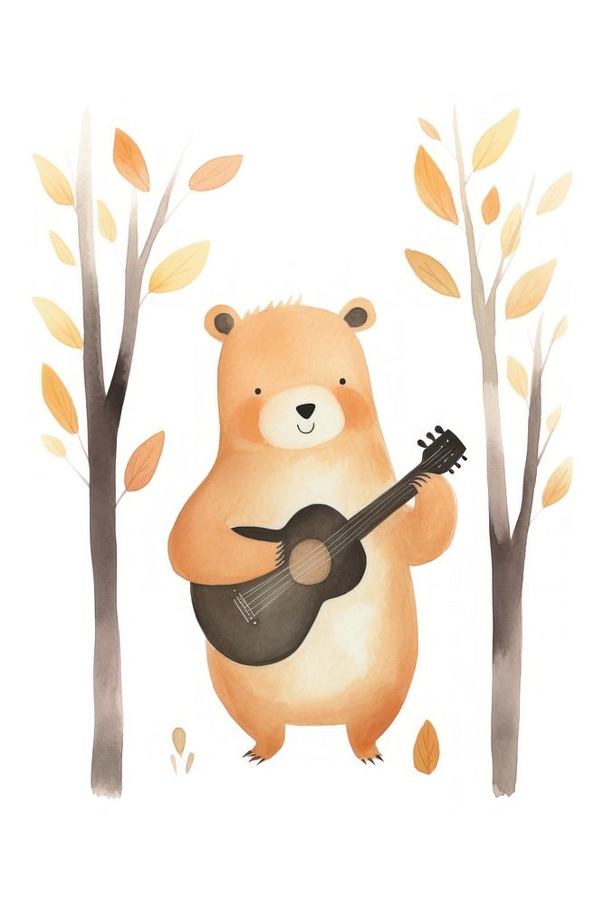 Cute watercolor illustration of a beaver guitar mammal bear.