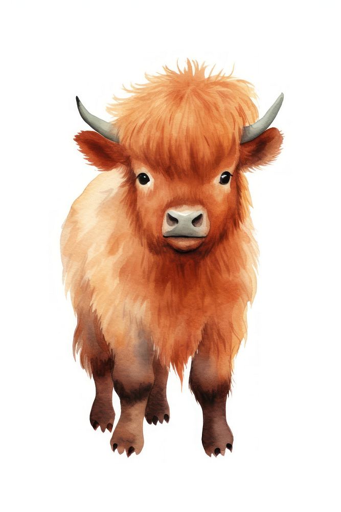 Cute watercolor illustration of a bison livestock mammal animal.