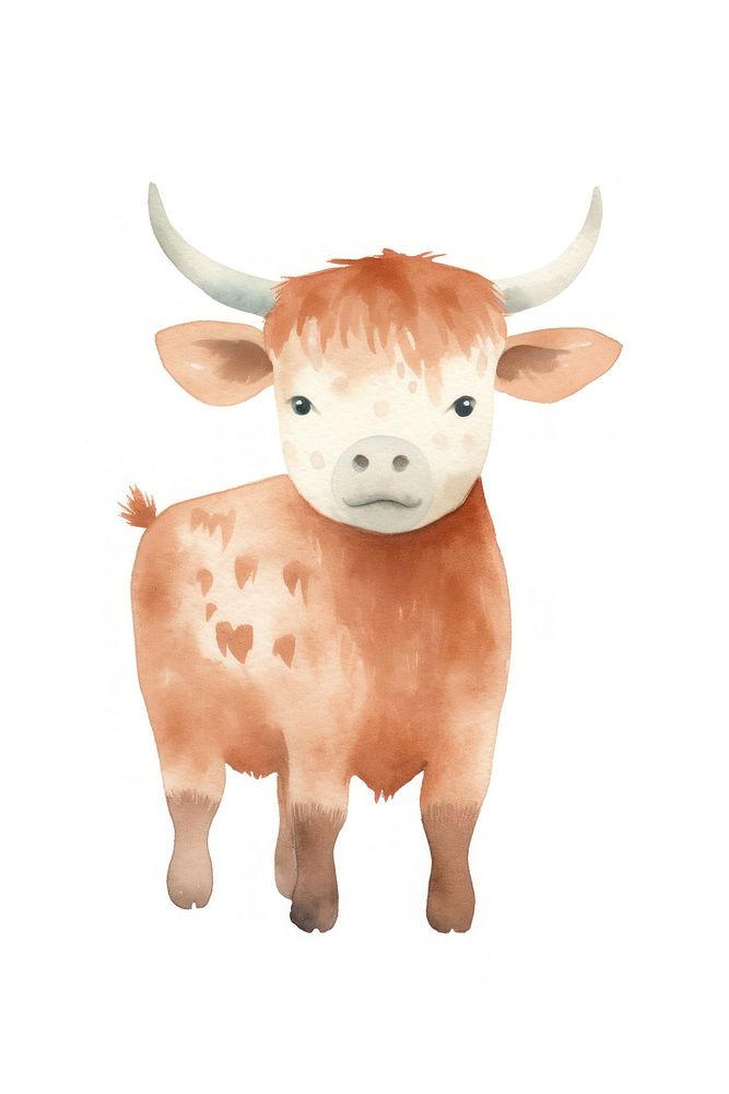 Cute watercolor illustration of a bull livestock mammal animal.