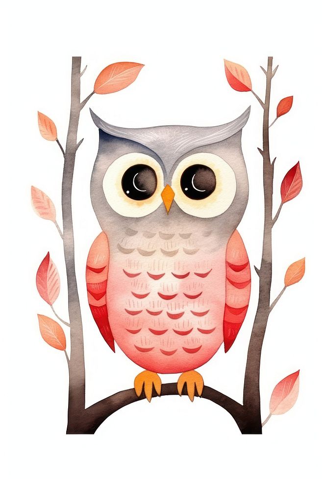 Cute watercolor illustration of a owl drawing animal bird.