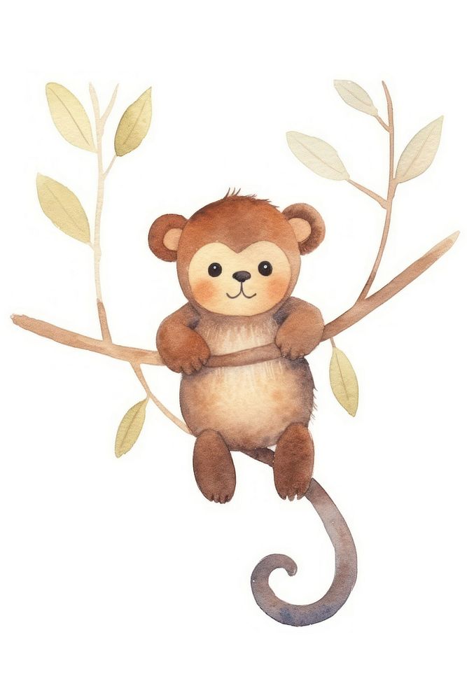 Cute watercolor illustration of a monkey nature mammal animal.