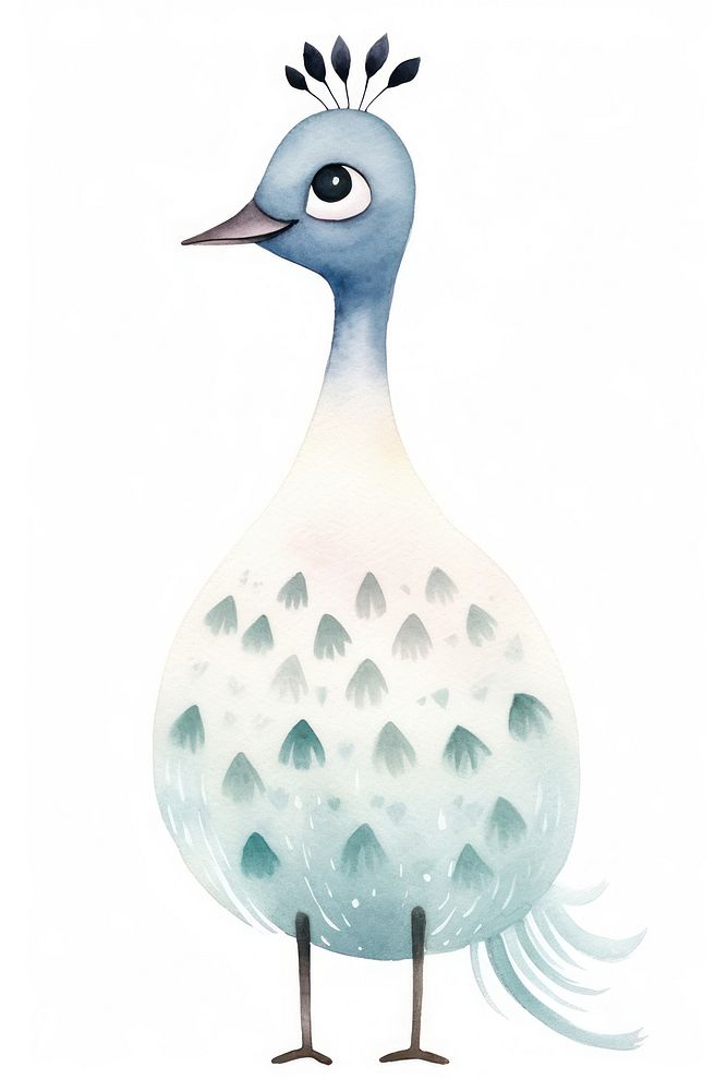 Cute watercolor illustration of a peacock animal nature white.