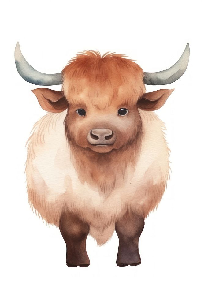 Cute watercolor illustration of a wild buffalo livestock mammal animal.