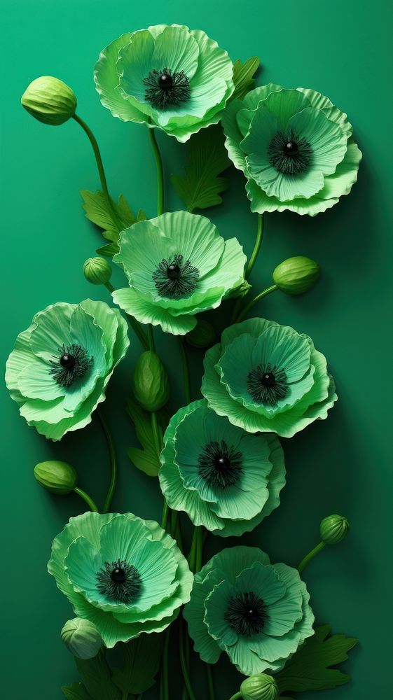Poppy flowers green plant leaf.
