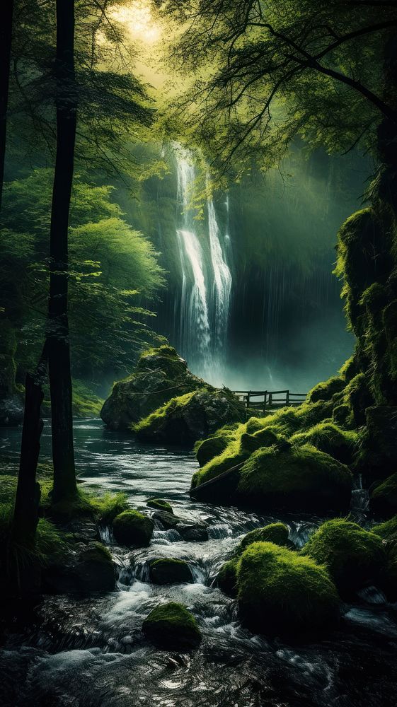 Dark forest and waterfall green landscape outdoors.