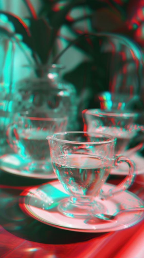 Anaglyph tea party saucer glass drink.