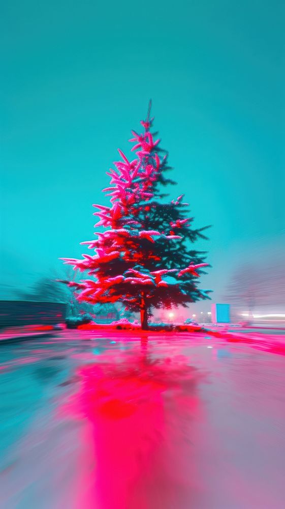 Anaglyph christmas tree plant red illuminated.