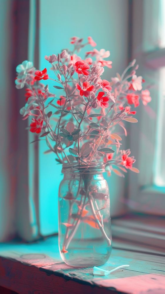 Anaglyph flower jar window plant red.