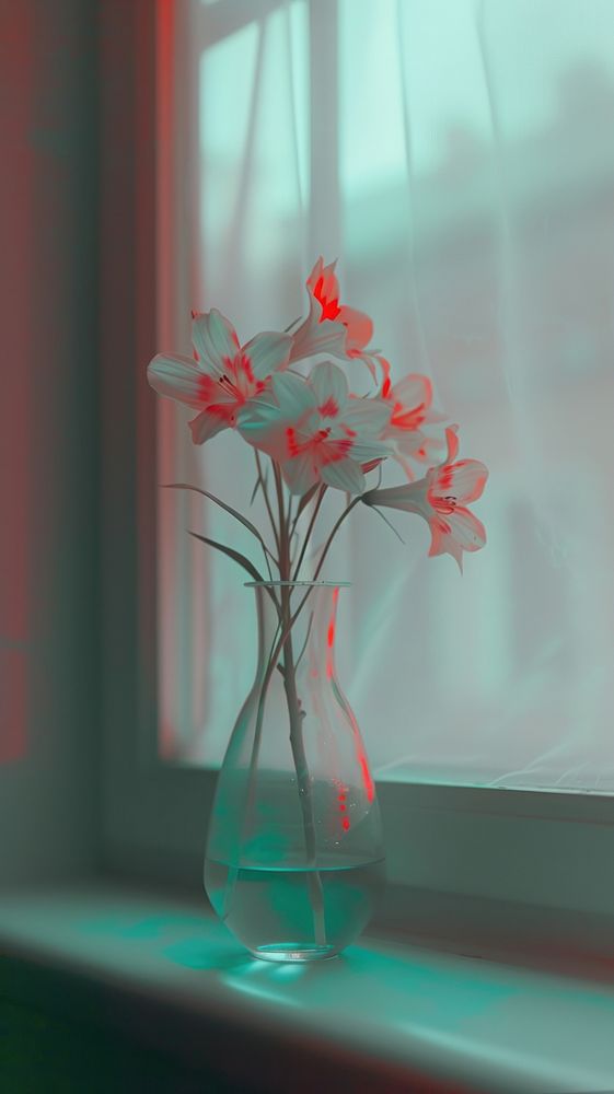 Anaglyph flower vase window windowsill plant.