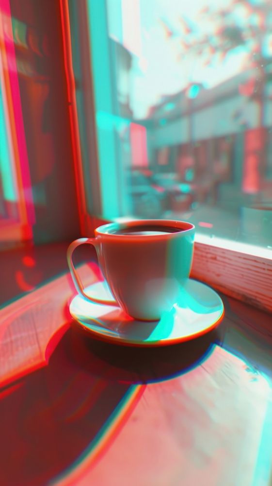 Anaglyph hot coffee window saucer drink.