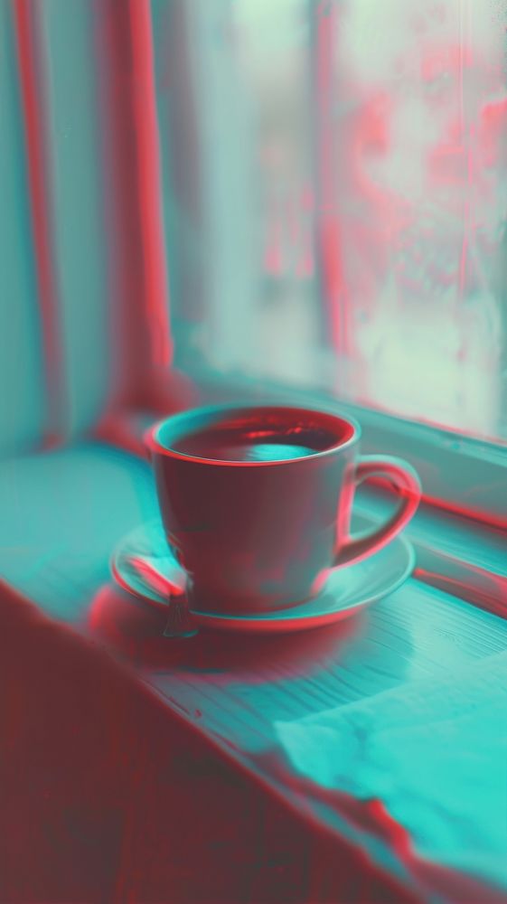 Anaglyph hot coffee window saucer drink.