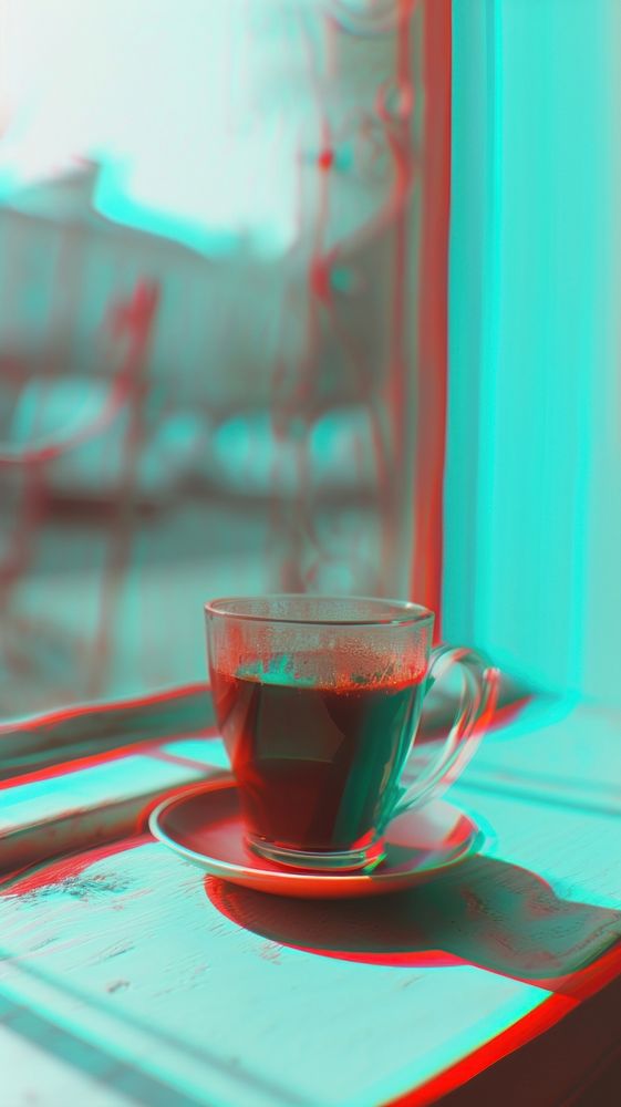 Anaglyph hot coffee saucer window drink.