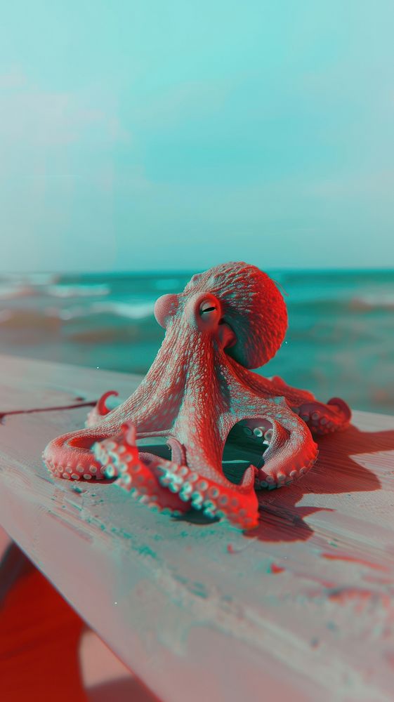 Anaglyph octopus animal beach red.