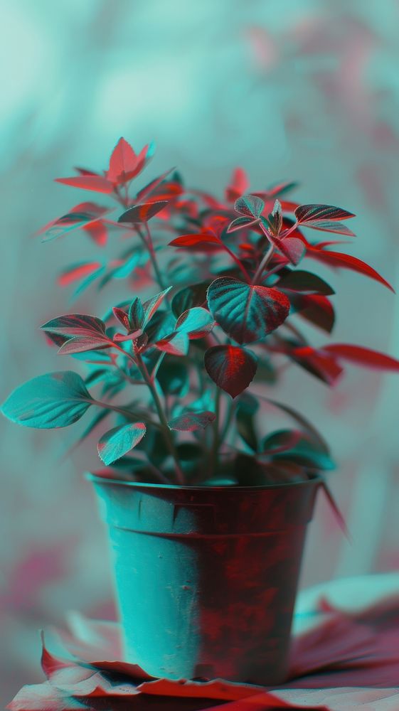 Anaglyph plant pot flower leaf red.