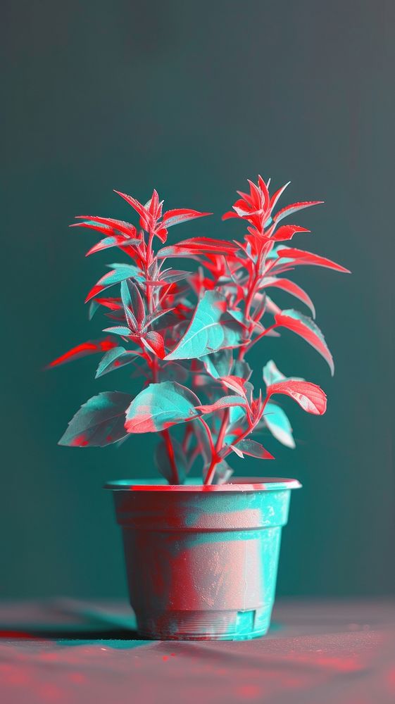 Anaglyph plant pot leaf tree red.