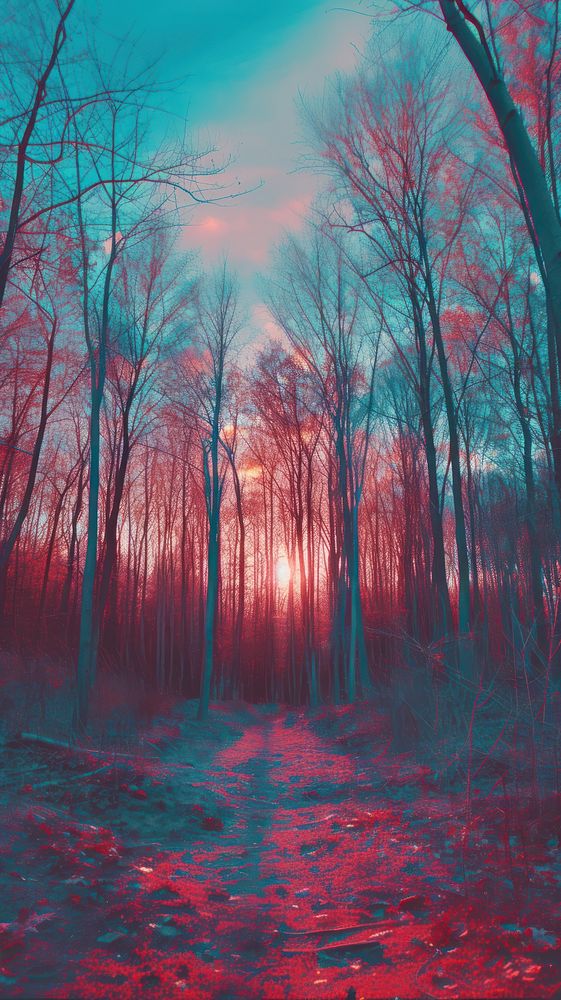 Anaglyph sky and forest landscape outdoors woodland.