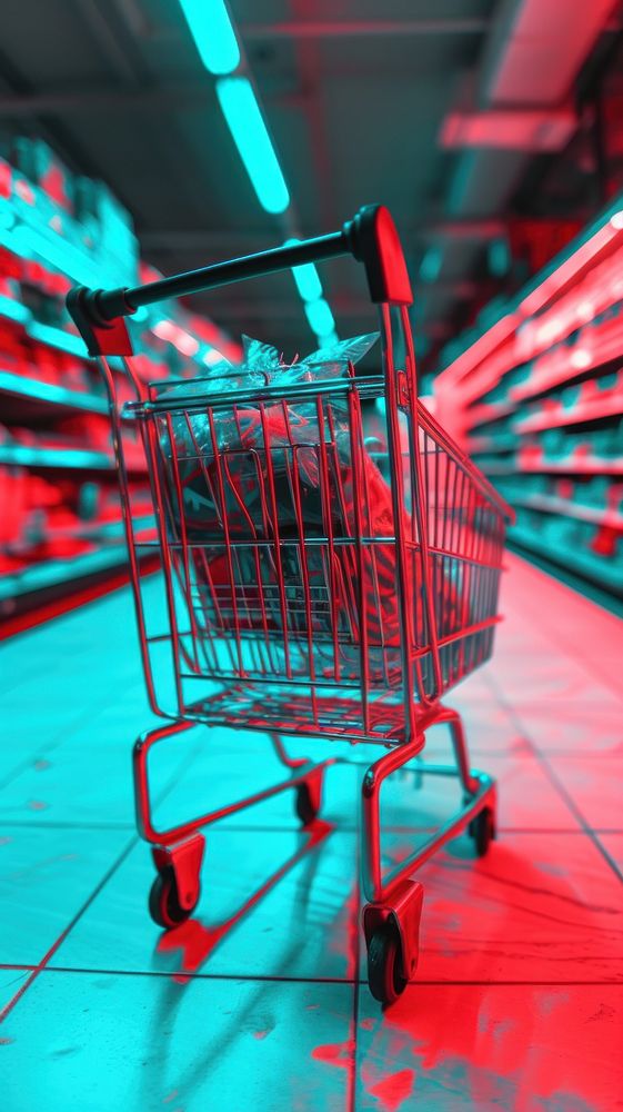 Anaglyph shopping cart supermarket red consumerism.