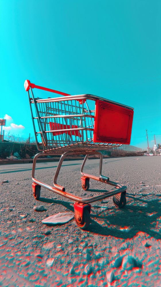 Anaglyph shopping cart red consumerism outdoors.