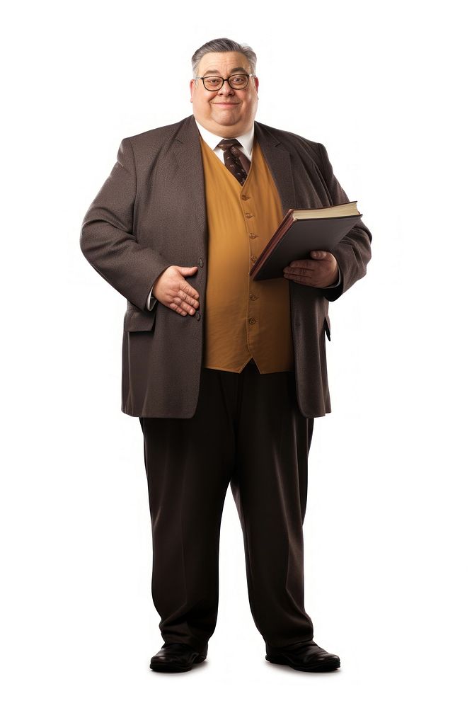 Fat teacher portrait standing reading.