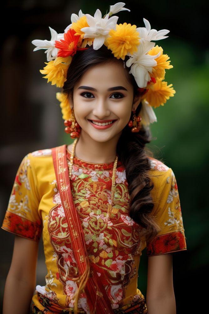 Indonesian traditional outfit smile celebration hairstyle.
