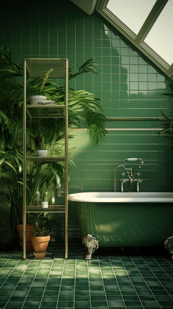 Cozy bathroom bathtub plant green.