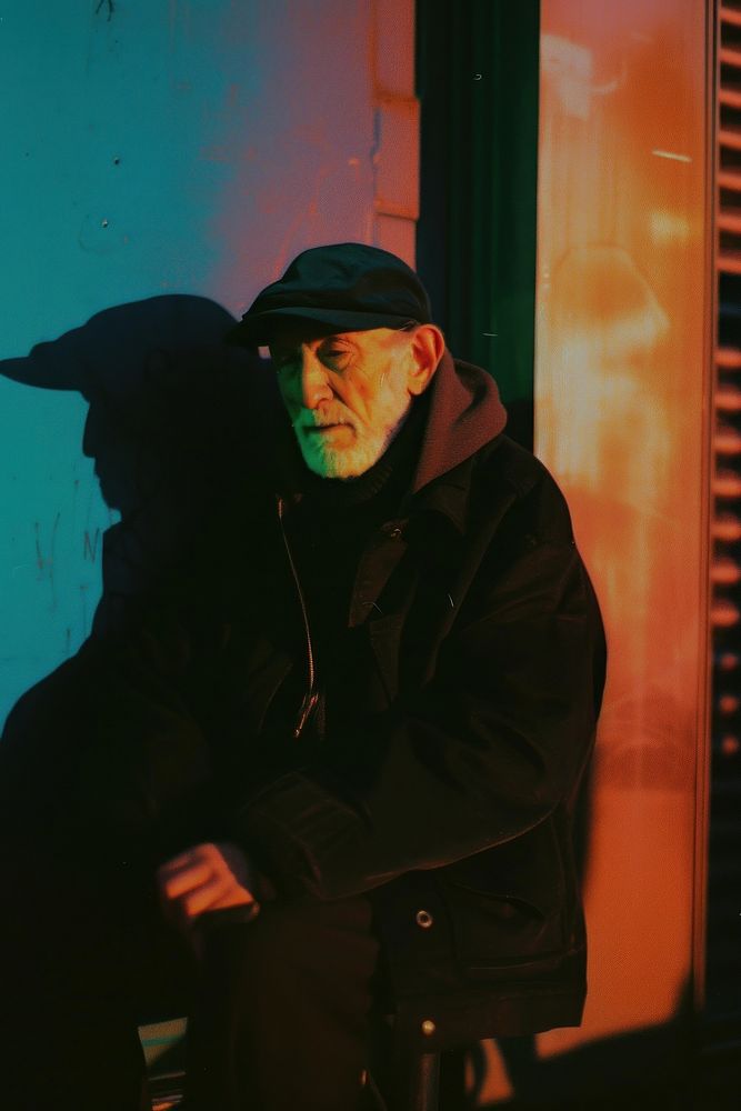 Old man wearing black streetwear clothes portrait adult photo.