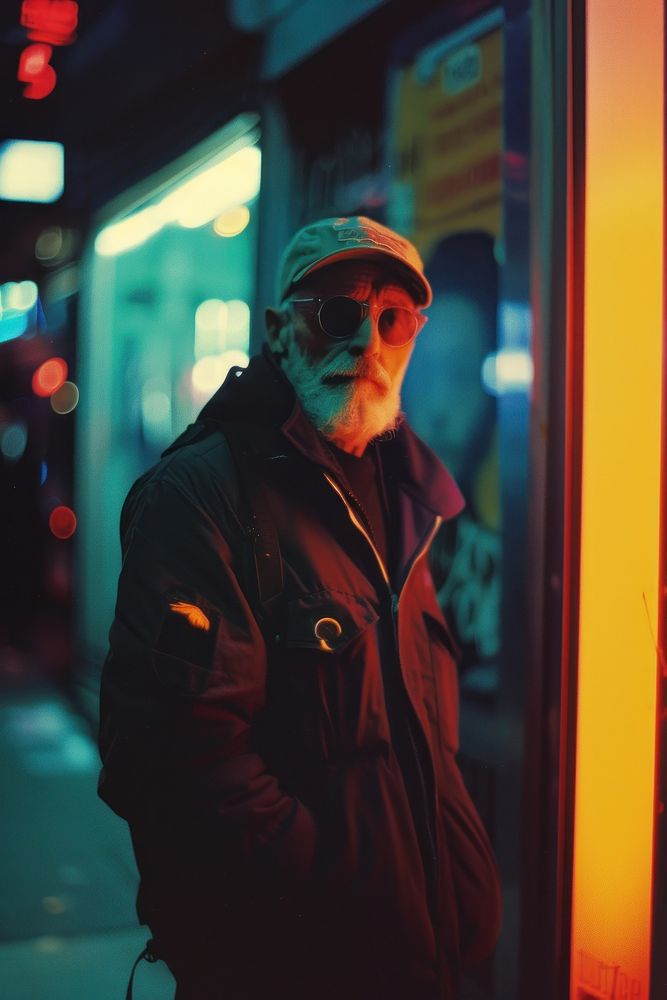 Old man wearing black streetwear clothes sunglasses portrait jacket.