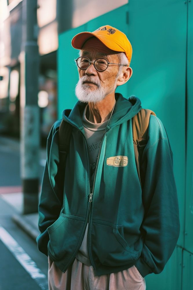 Old man wearing dark green streetwear clothes adult architecture outerwear.